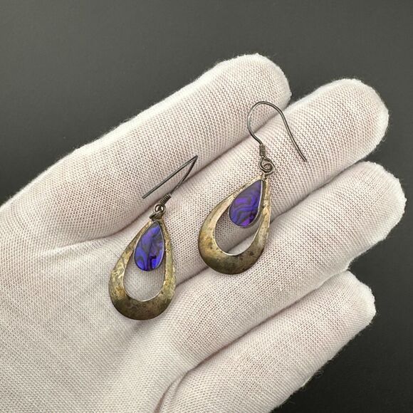 Vintage 925 Silver Purple Abalone Shell MOP in Resin Dangle Hook Earrings 1.75" - Picture 7 of 12